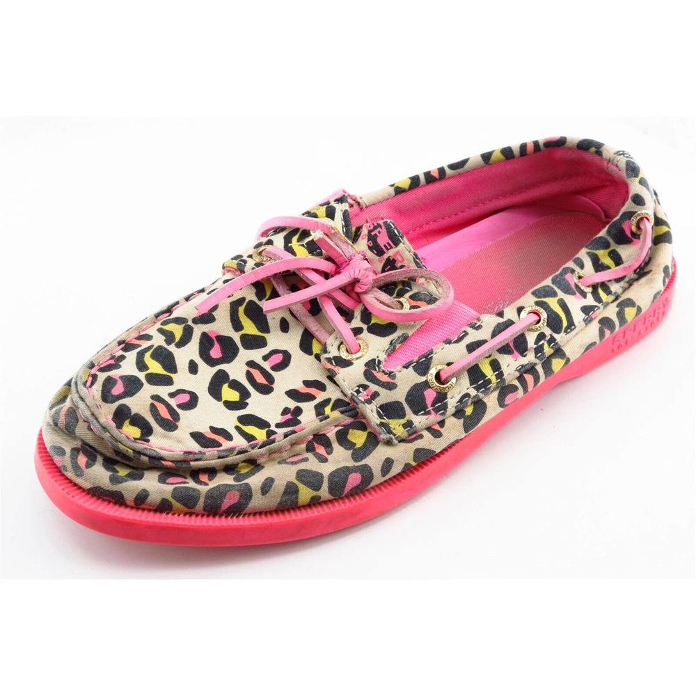 Sperry Girls' Top-Sider Casual Shoes Size 3.5 Pink Fabric Leopard Print Boat